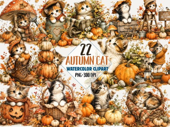 Download Autumn Pumpkin Cat Clipart Bundle Png - Autumn Collection
